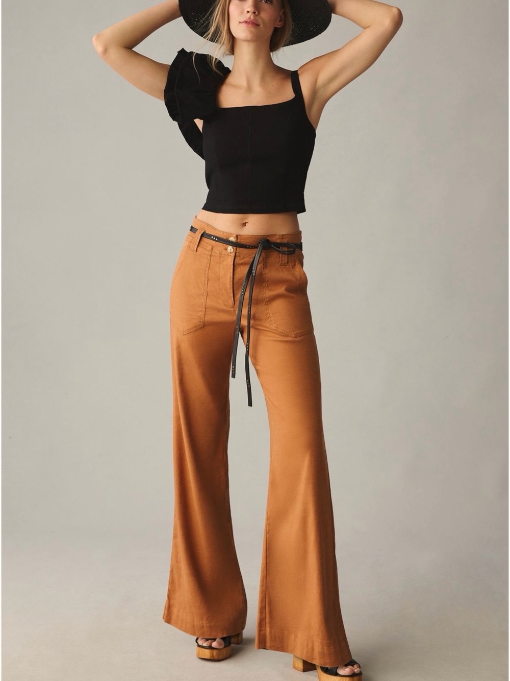 Anthropologie Maeve The Naomi Linen Wide-Leg Flare Pants-8- Bronze Full Length